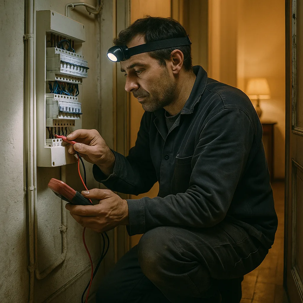Professionnel recherchant une panne sur un tableau électrique